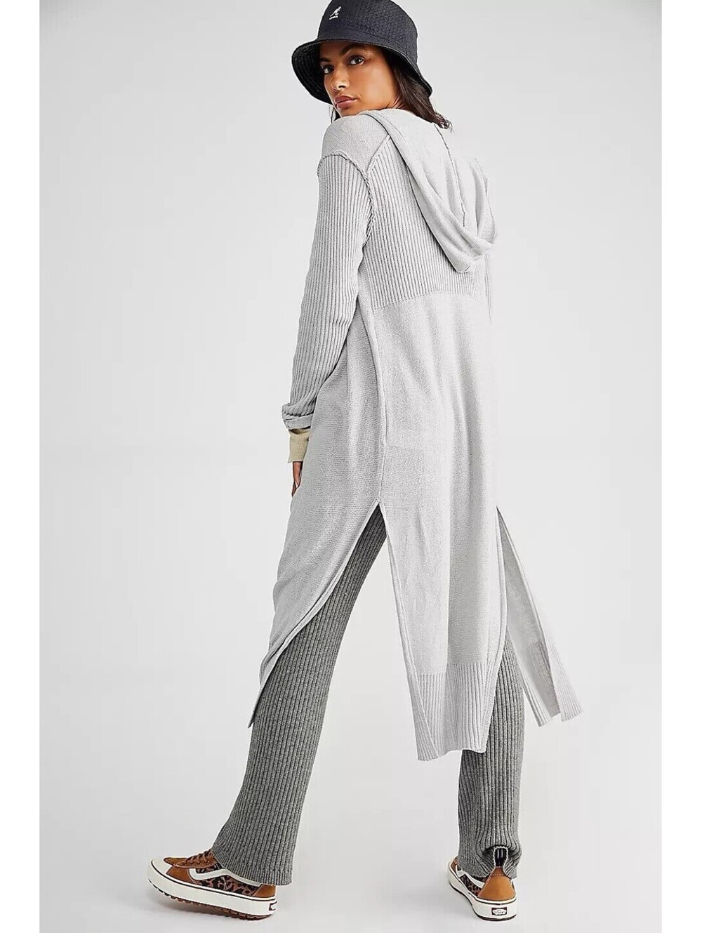 Free People Women's Rowan Gray Long Hooded Cardi Sweater Size XS